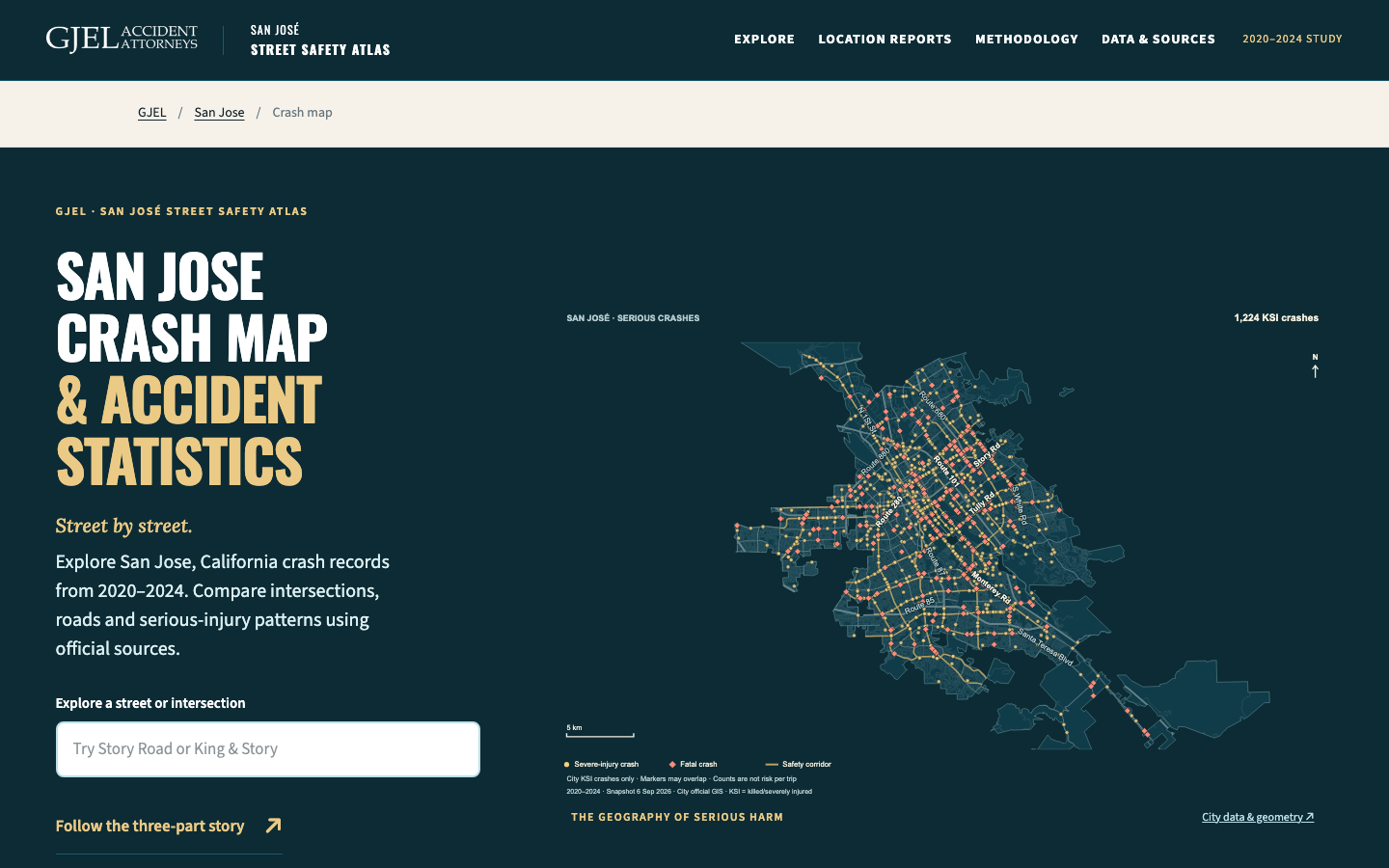 The GJEL San Jose Crash Map displaying severe-injury and fatal crashes across the city