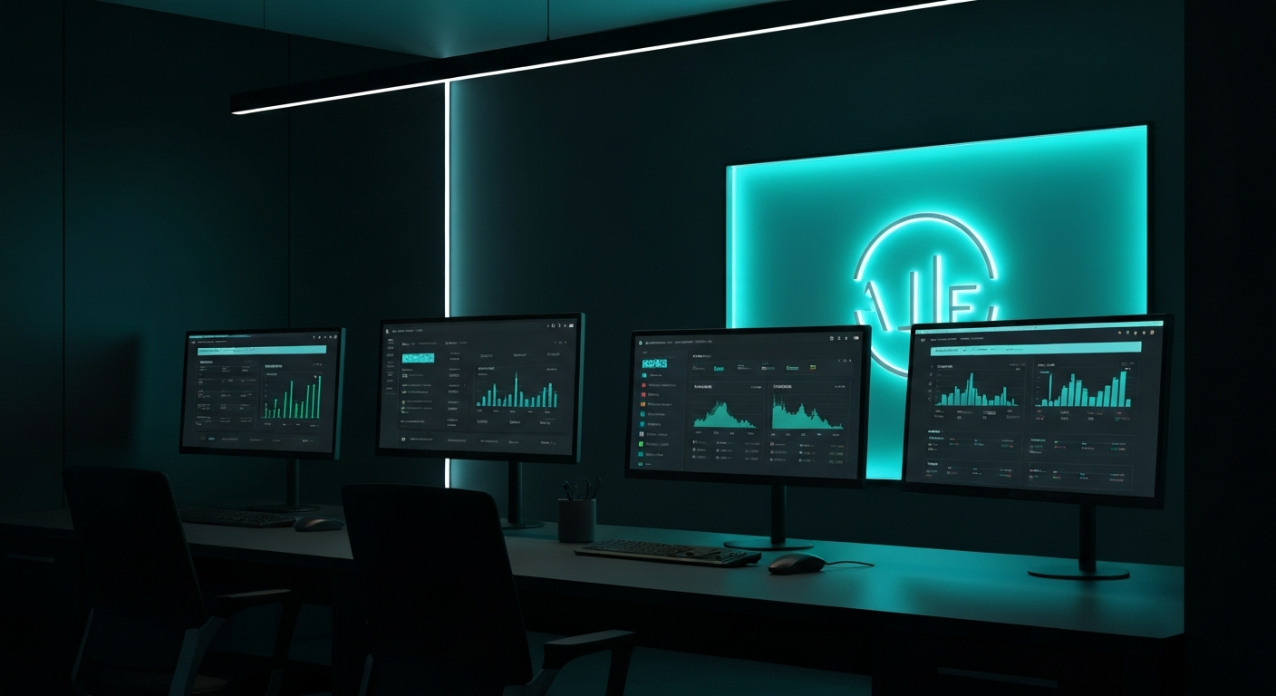 Premium digital agency environment with law firm SEO dashboards on floating screens with teal brand accent lighting