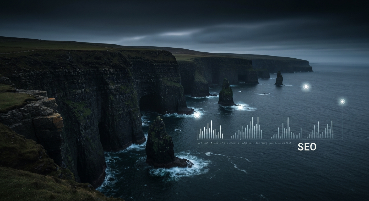 Dramatic Irish coastal landscape at dusk with digital SEO data visualization overlay representing Kinsale SEO