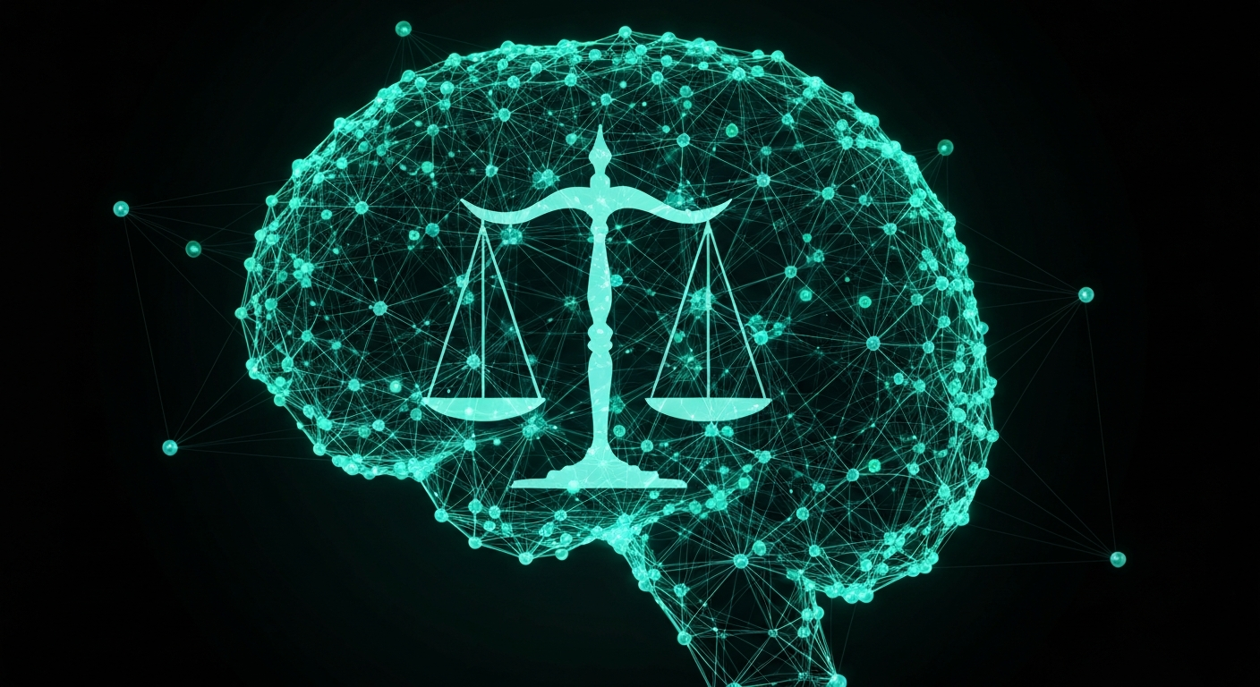 AI neural network visualization with legal scales integrated, glowing nodes for attorney generative engine optimization
