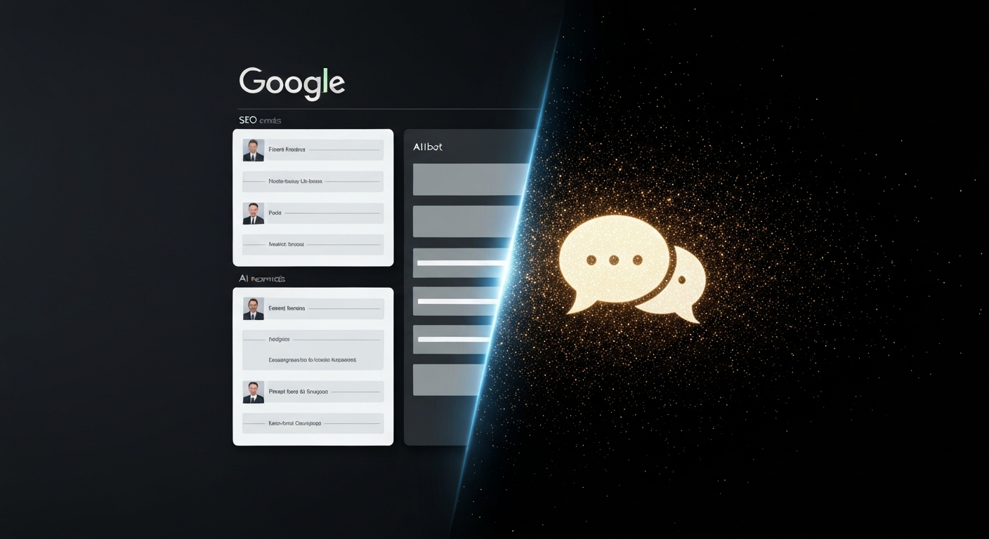 Traditional search results transforming into AI-generated response interface, representing the shift from SEO to AI search