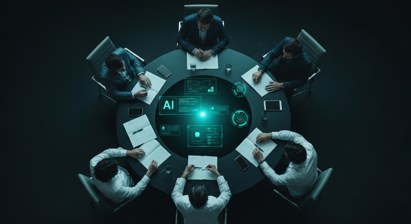 Attorneys, solicitors, and marketers in collaborative AI marketing workshop with glowing interface elements above the conference table