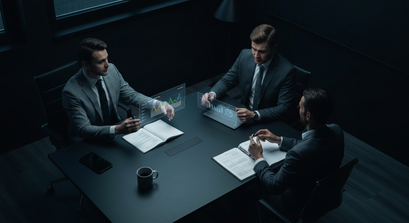 Two professionals consulting over a glowing analytics display in a premium conference room for law firm marketing strategy