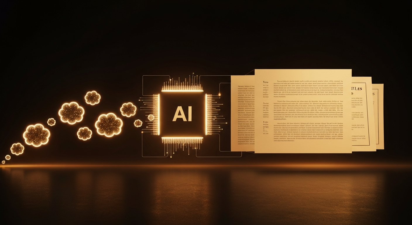 Abstract AI content pipeline with ideas flowing through transformation process into polished legal marketing articles