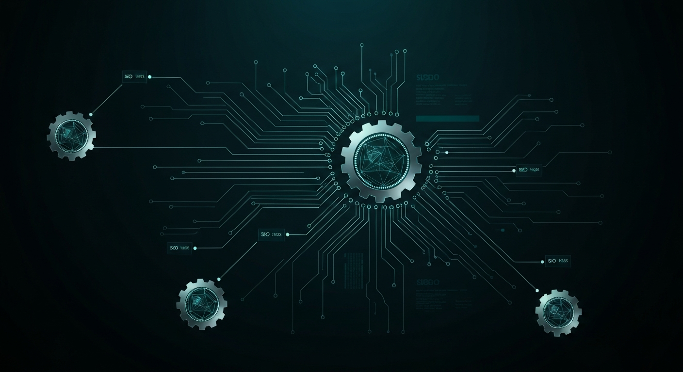 Elegant automated SEO workflow with glowing circuit pathways running marketing tasks autonomously